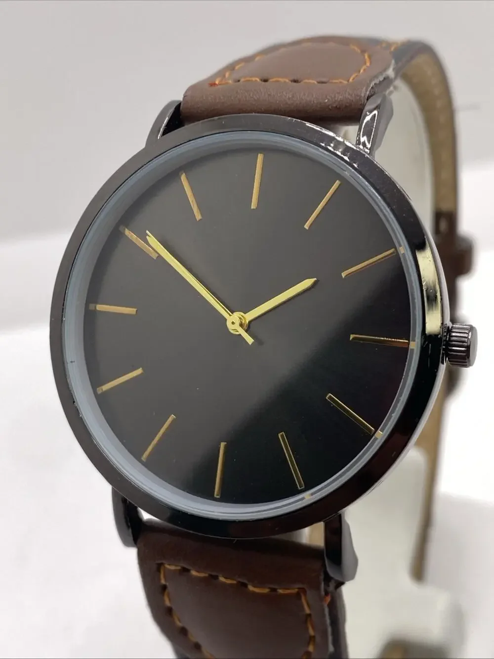 Mens Metallic Brown Black Leather Watch Works New Battery